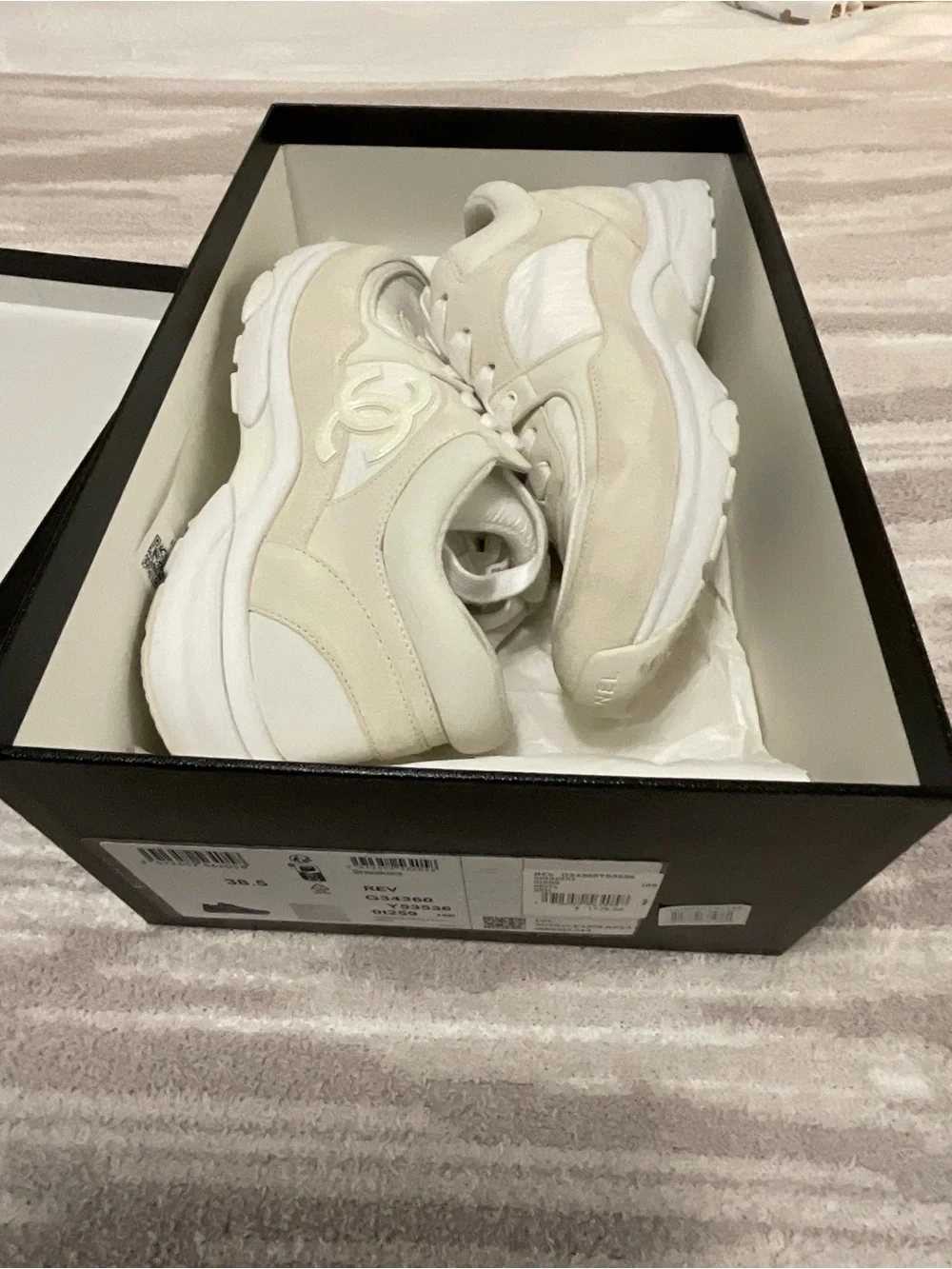 Chanel CC Off White Fabric Sneaker w Box SZ 38.5